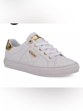GUESS Women’s White Quilted Sneakers with Gold Hardware
